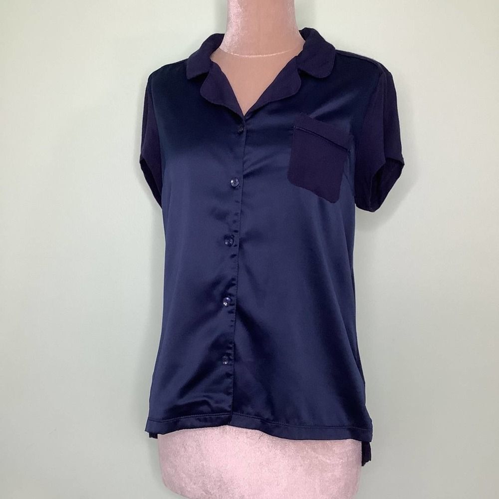 Tahari Silky Soft Rayon Button Up Pajama Shirt Top Navy Blue Mixed Media